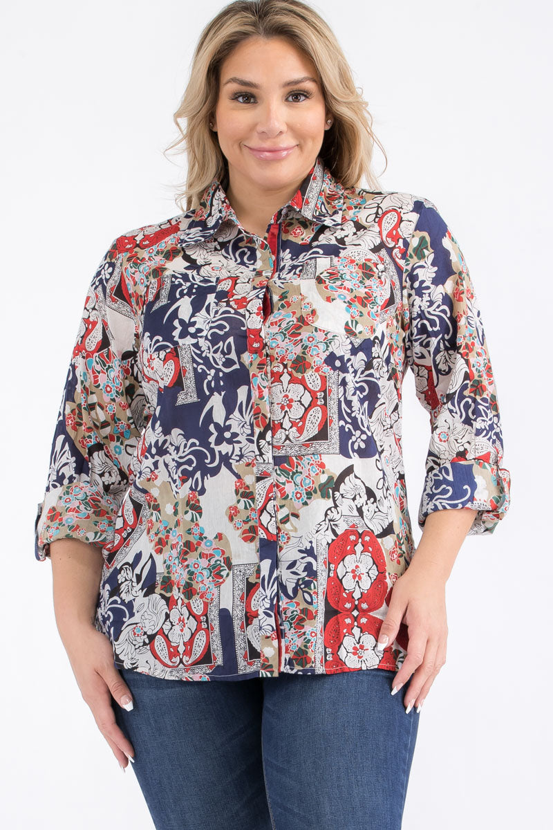 Plus Size Patchwork Floral Paisley Print Button-Down Shirt