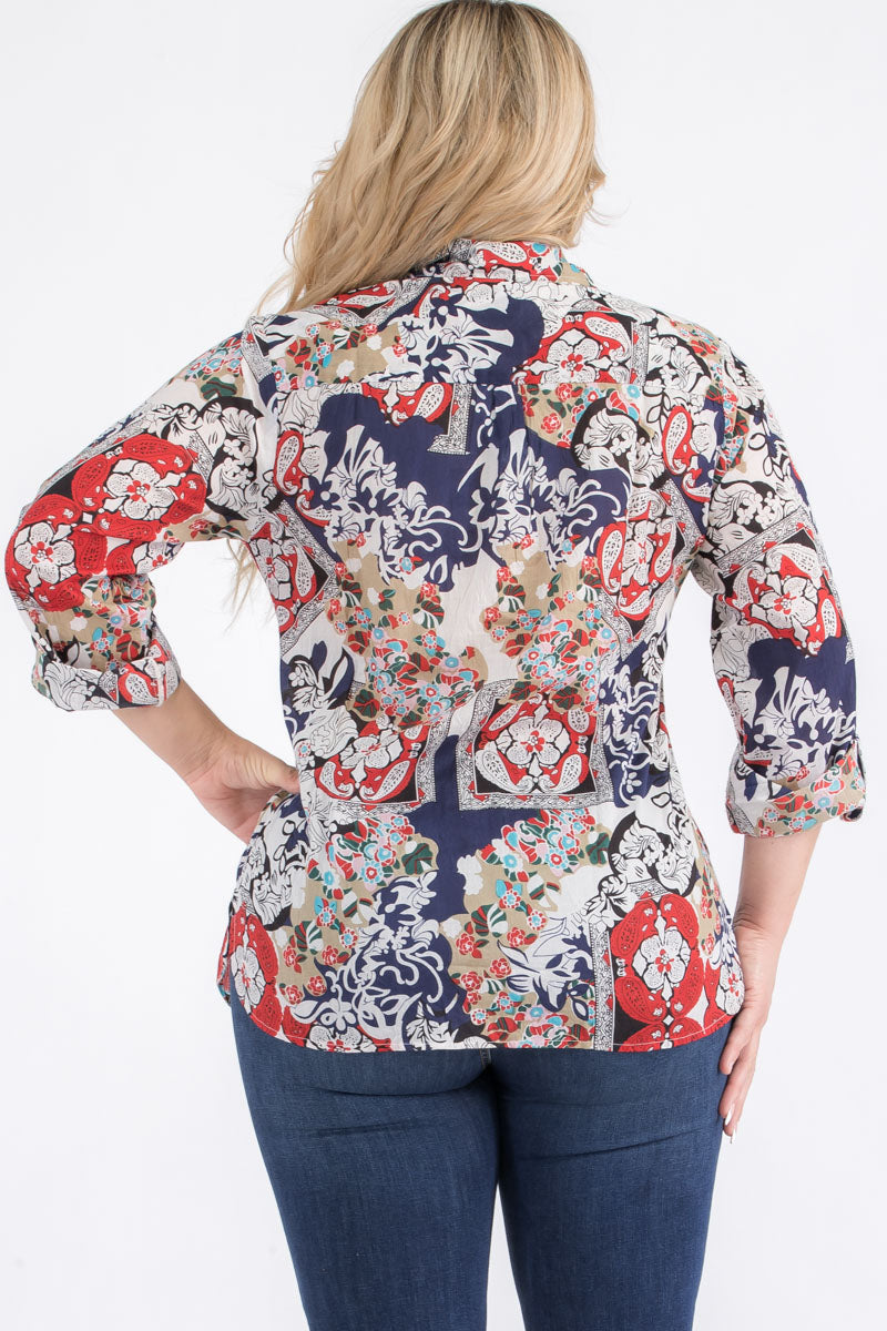 Plus Size Patchwork Floral Paisley Print Button-Down Shirt