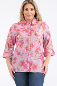 Plus Size Pink Floral Button-Down Shirt