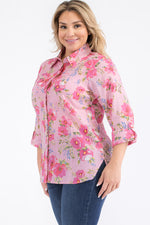 Load image into Gallery viewer, Plus Size Pink Floral Button-Down Shirt
