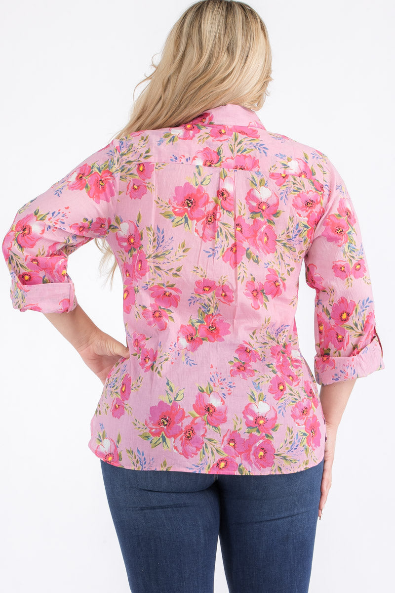 Plus Size Pink Floral Button-Down Shirt