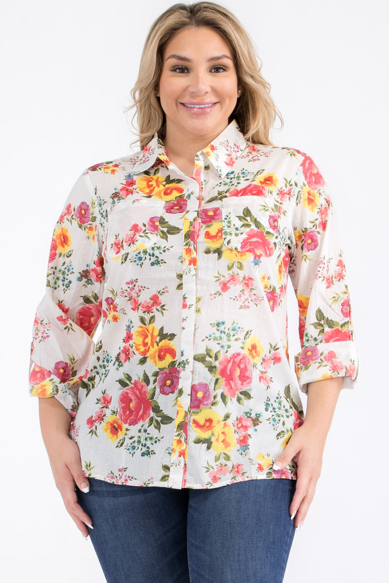 Plus Size Ivory Floral Button-Down Shirt