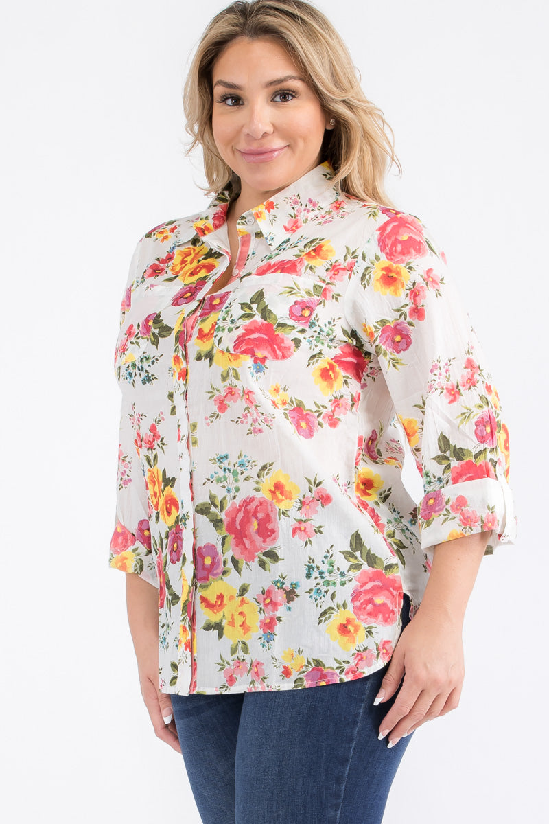 Plus Size Ivory Floral Button-Down Shirt