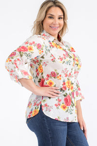 Plus Size Ivory Floral Button-Down Shirt