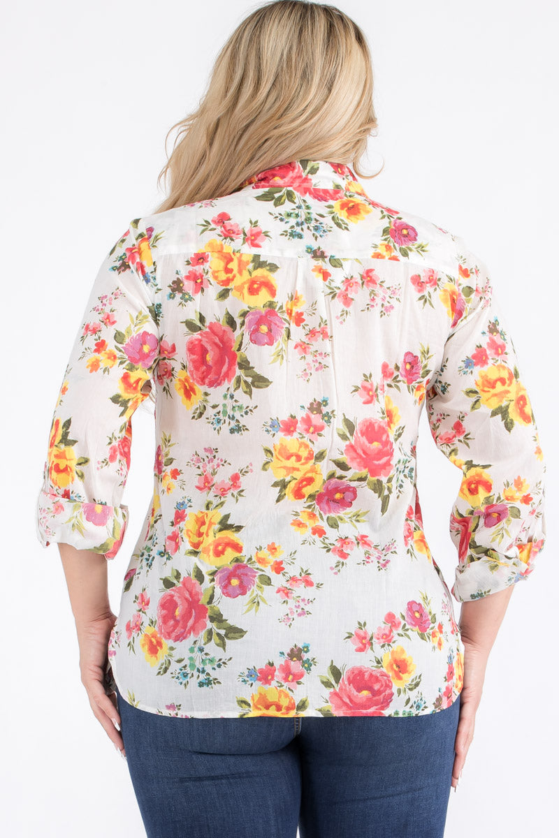 Plus Size Ivory Floral Button-Down Shirt