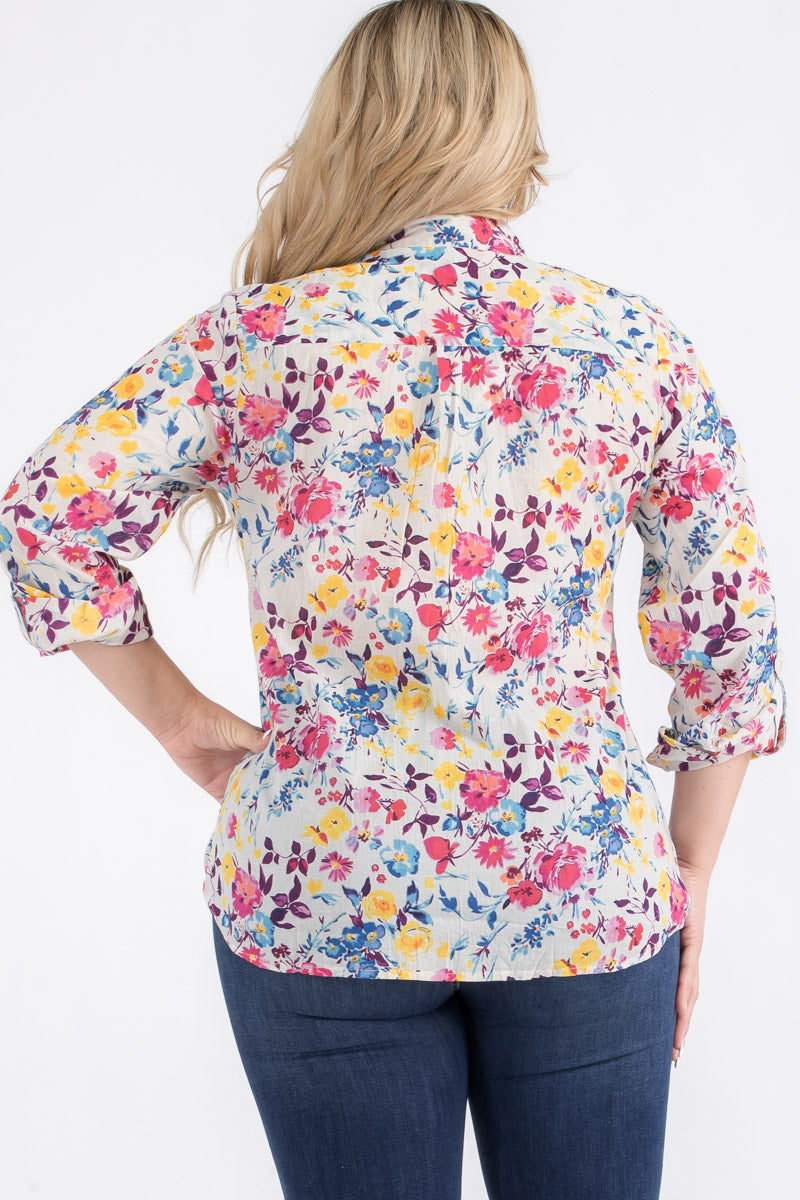 Plus Size Ivory Floral Button-Down Shirt