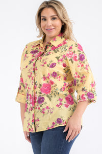 Plus Size Yellow Floral Button-Down Shirt