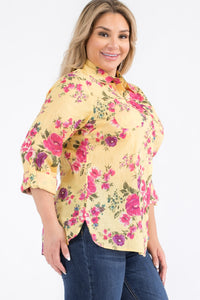 Plus Size Yellow Floral Button-Down Shirt