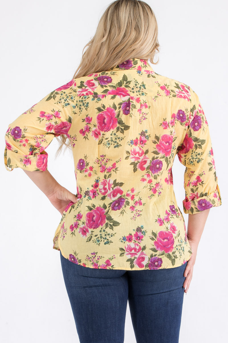 Plus Size Yellow Floral Button-Down Shirt