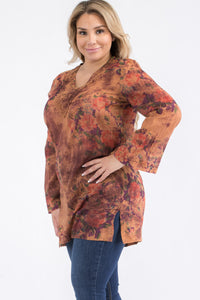 Plus Size Vintage Taupe Floral Tunic with Lace Appliqué