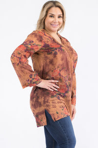 Plus Size Vintage Taupe Floral Tunic with Lace Appliqué