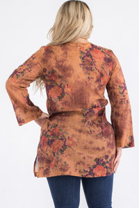 Plus Size Vintage Taupe Floral Tunic with Lace Appliqué