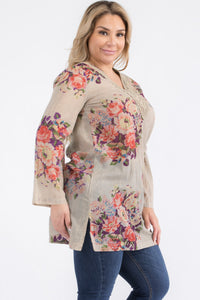 Plus Size Vintage Stone Floral Tunic with Lace Appliqué