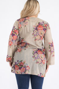 Plus Size Vintage Stone Floral Tunic with Lace Appliqué