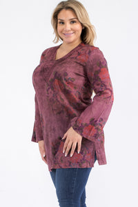 Plus Size Vintage Wine Floral Tunic with Lace Appliqué