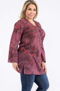 Plus Size Vintage Wine Floral Tunic with Lace Appliqué