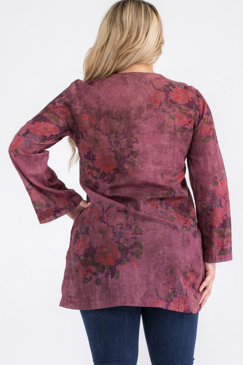 Plus Size Vintage Wine Floral Tunic with Lace Appliqué