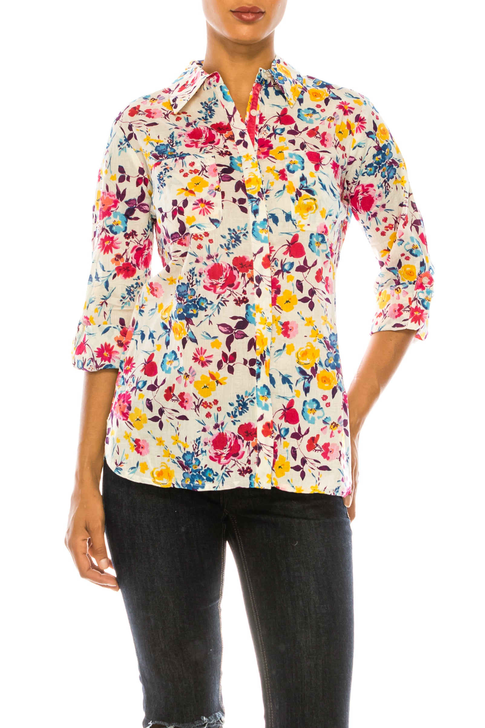 Ivory Floral Printed Button-Down Shirt