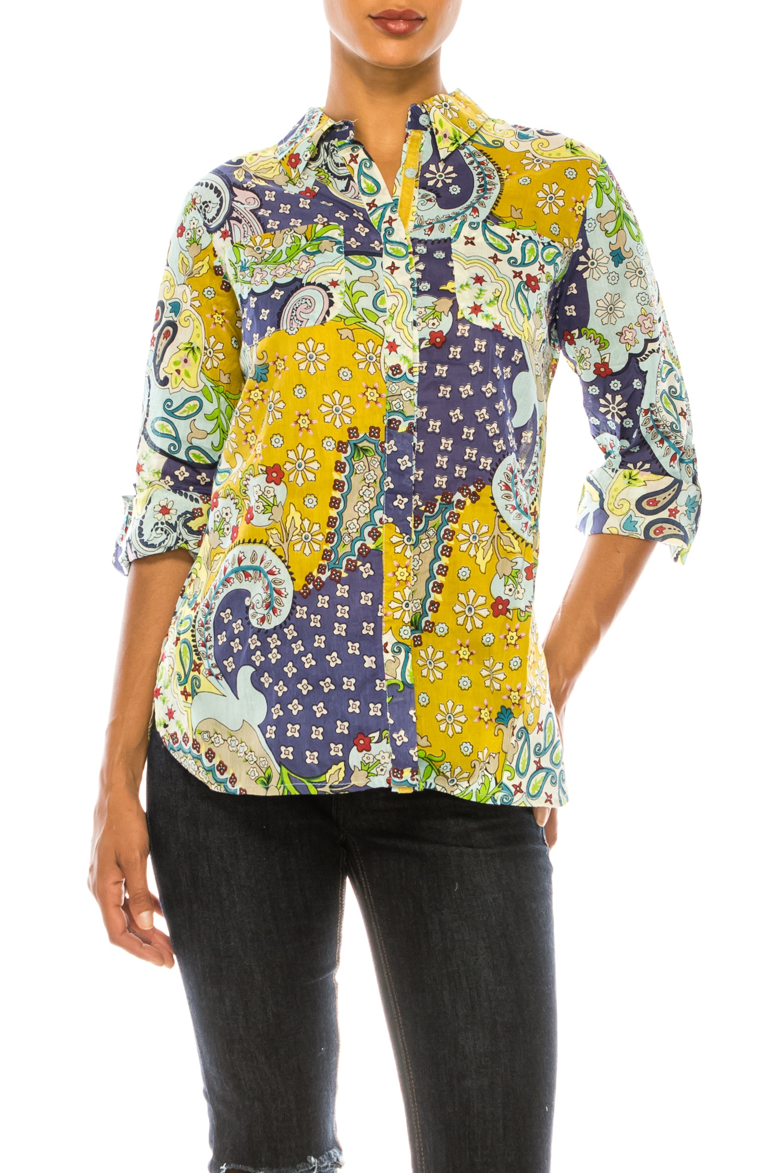 Patchwork Floral Paisley Print Button-Down Shirt