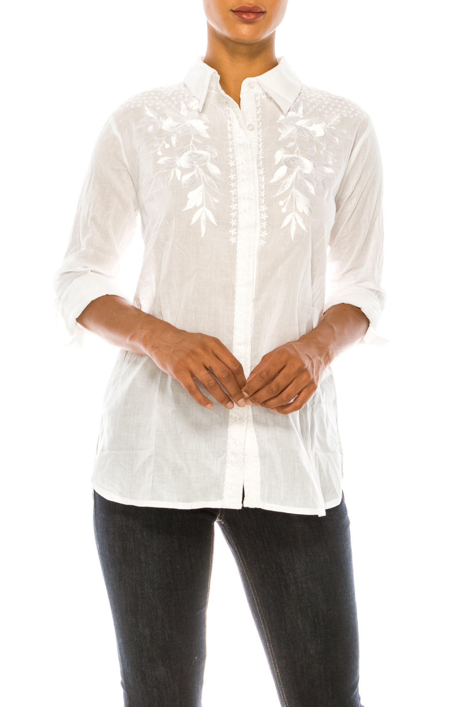 White Button-down Shirt with White Floral Embroidery