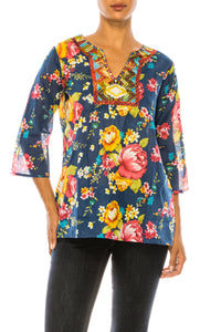 Navy Boho Floral Tunic with Embroidery