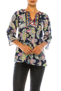 Navy Paisley Floral Tunic with Embroidery