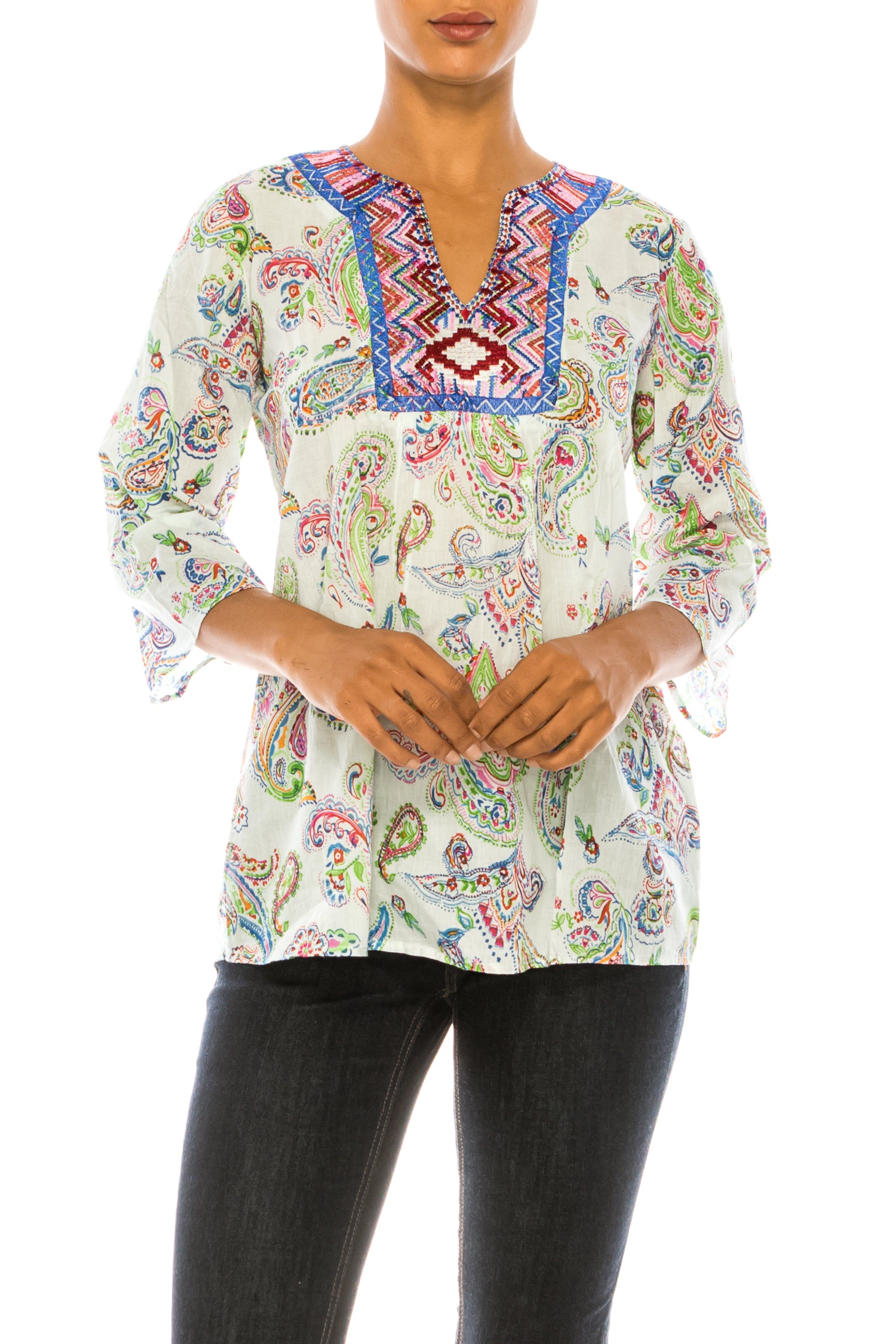 Cream Paisley Floral Tunic with Embroidery