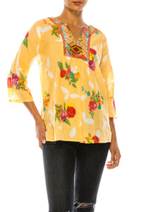 Yellow Boho Floral Tunic with Embroidery