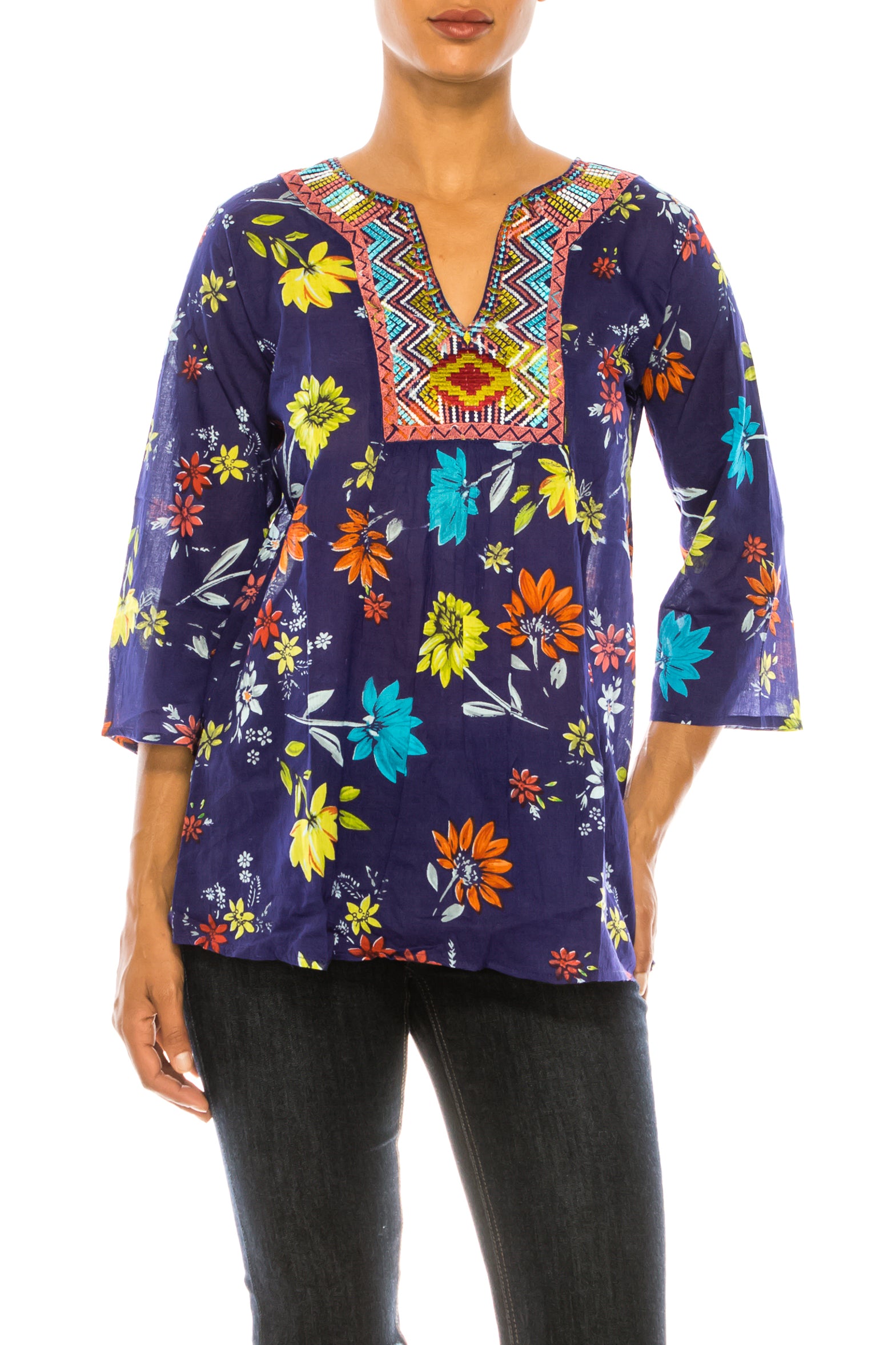 Navy Boho Floral Tunic with Embroidery