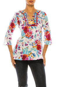 Cream Floral Boho Floral Tunic with Embroidery