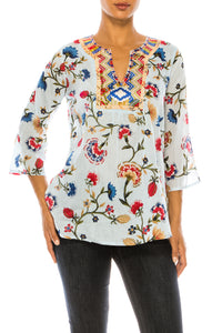 Light Blue Boho Floral Tunic with Embroidery