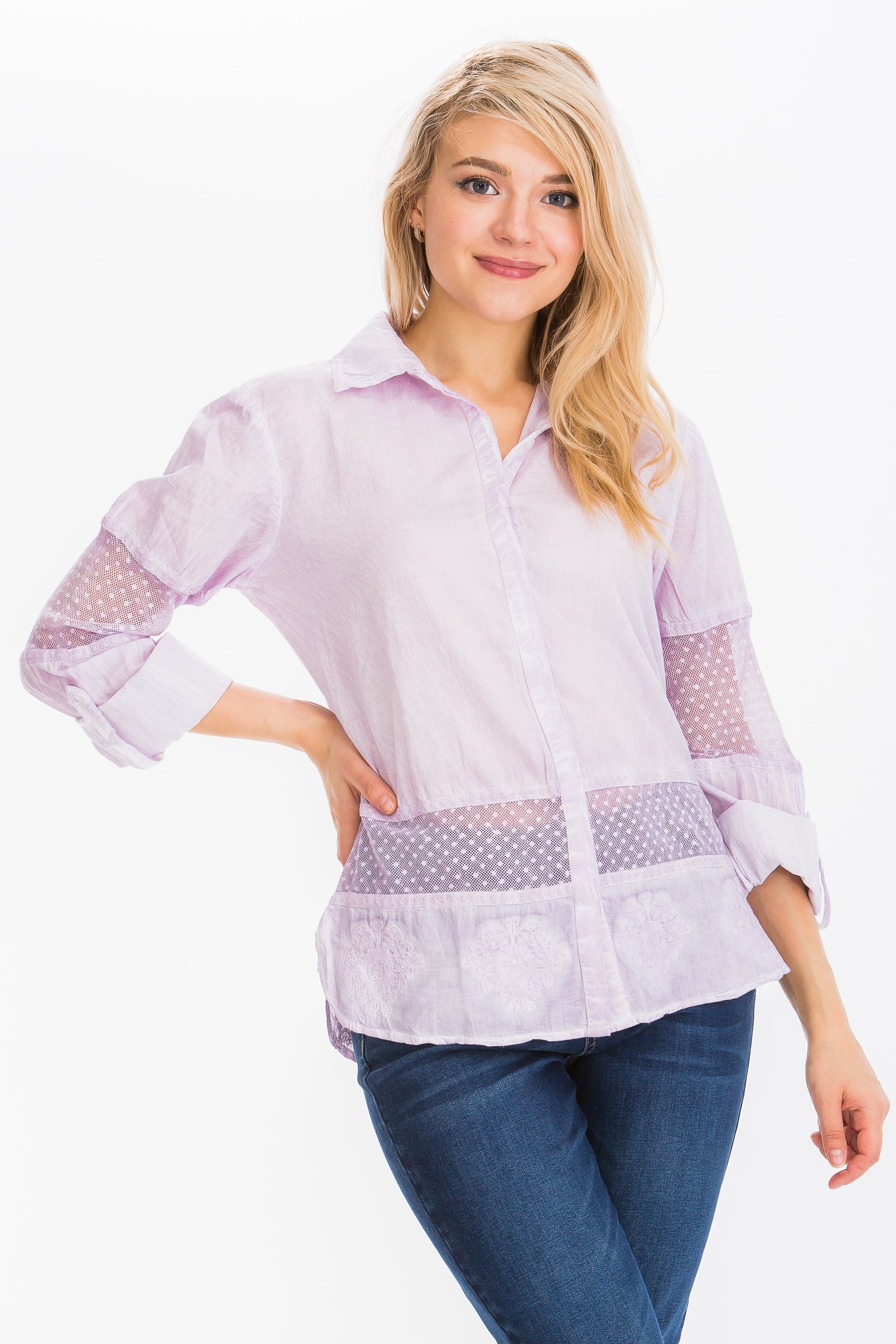 Embroidered Button-down Shirt with Mesh