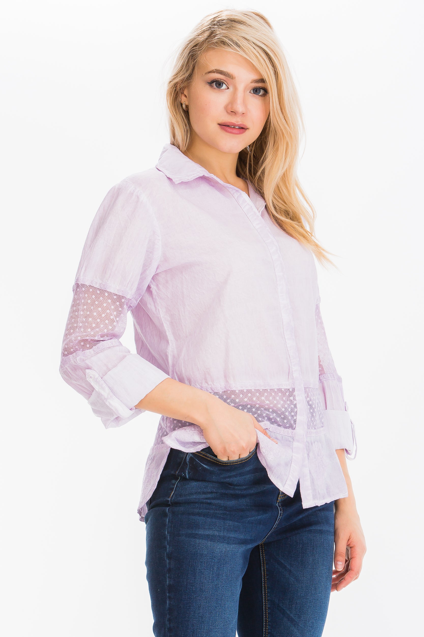 Embroidered Button-down Shirt with Mesh