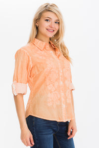 Embroidered Button-Down Shirt with Vintage Wash