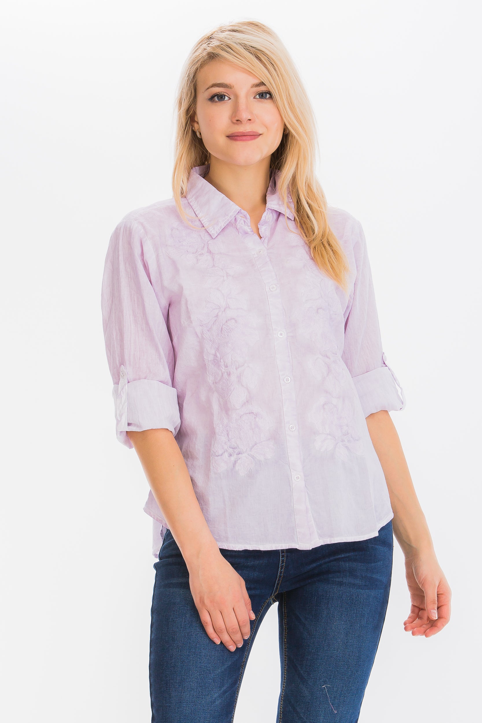 Embroidered Button-Down Shirt with Vintage Wash