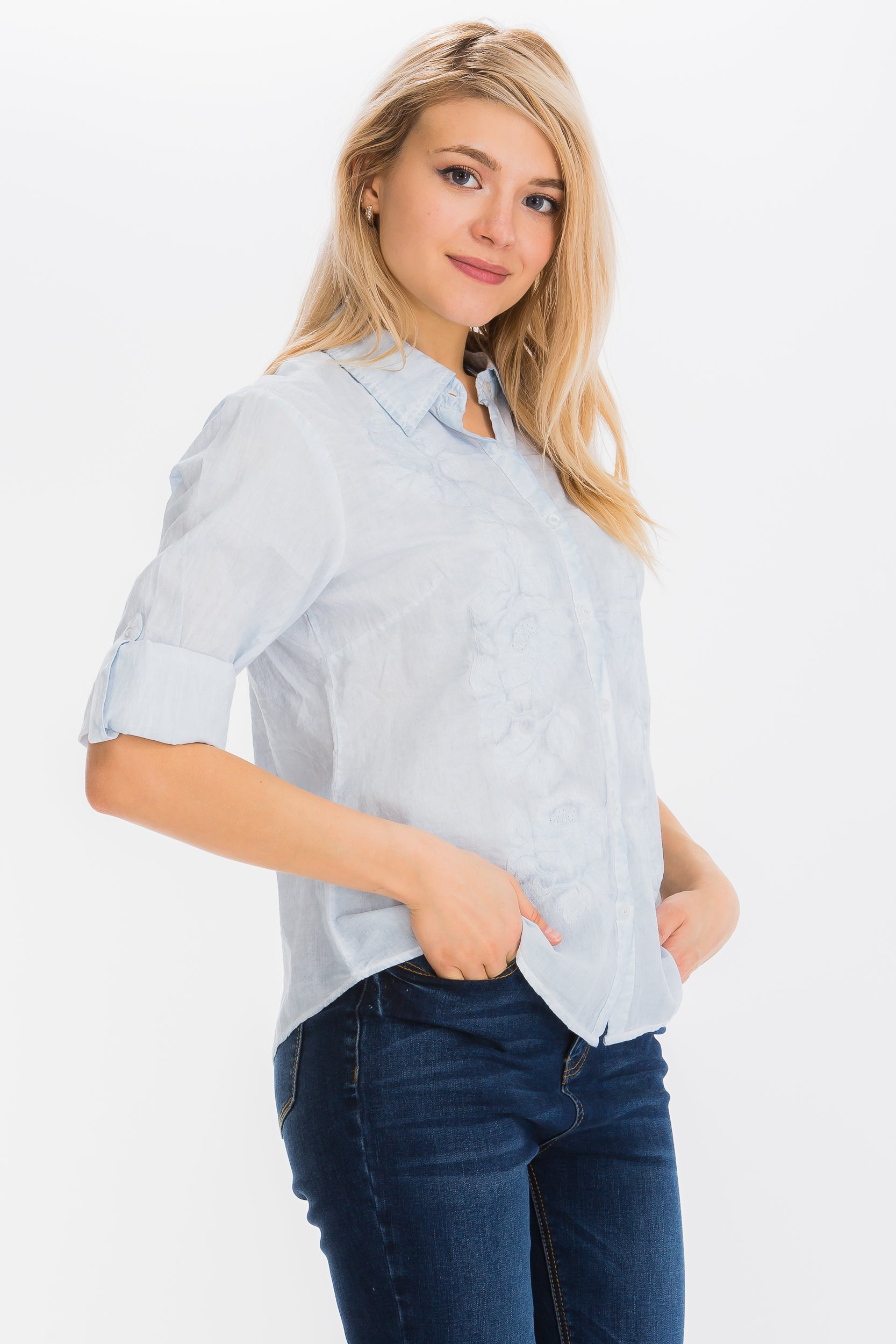 Embroidered Button-Down Shirt with Vintage Wash