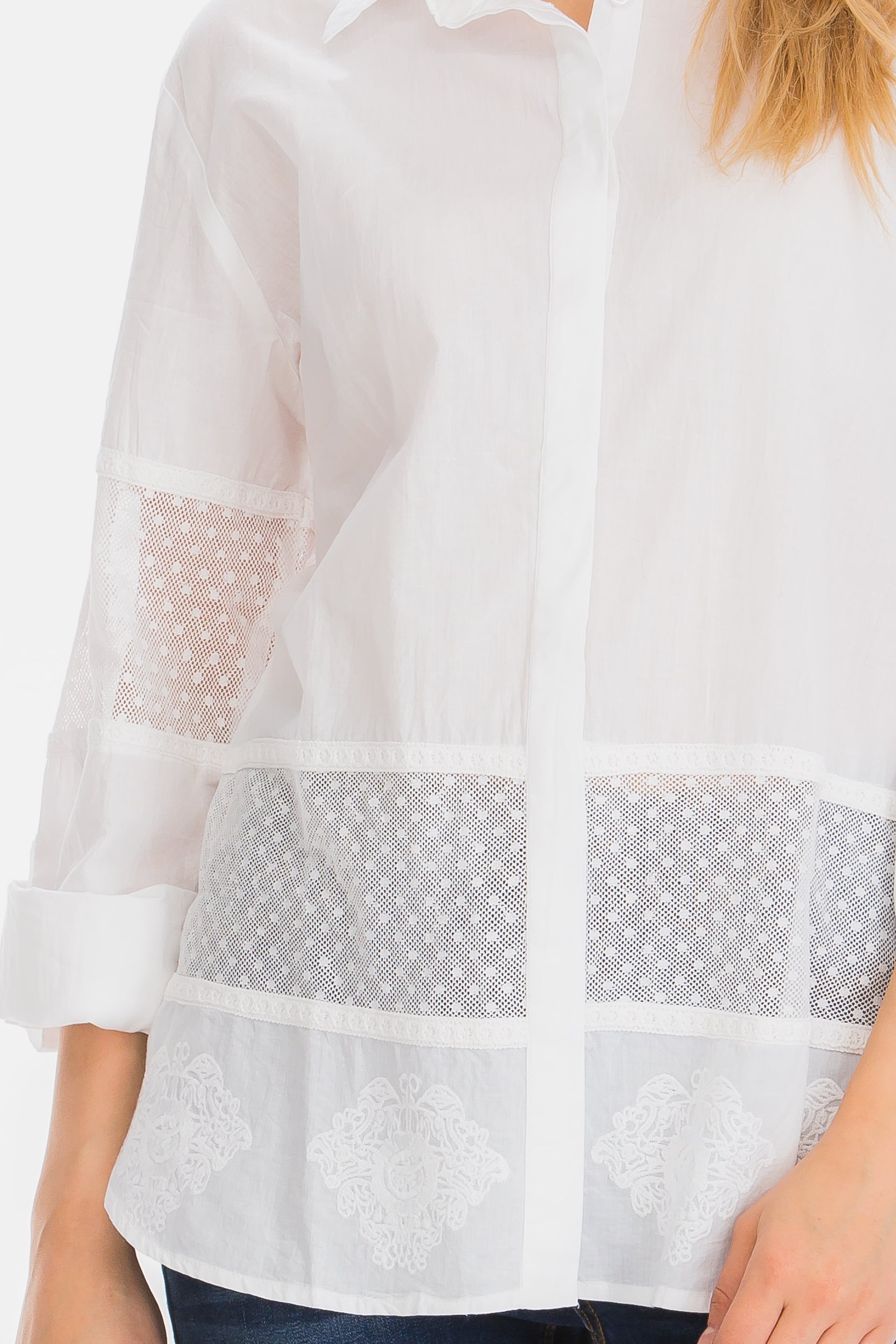 Embroidered Button-down Shirt with Mesh