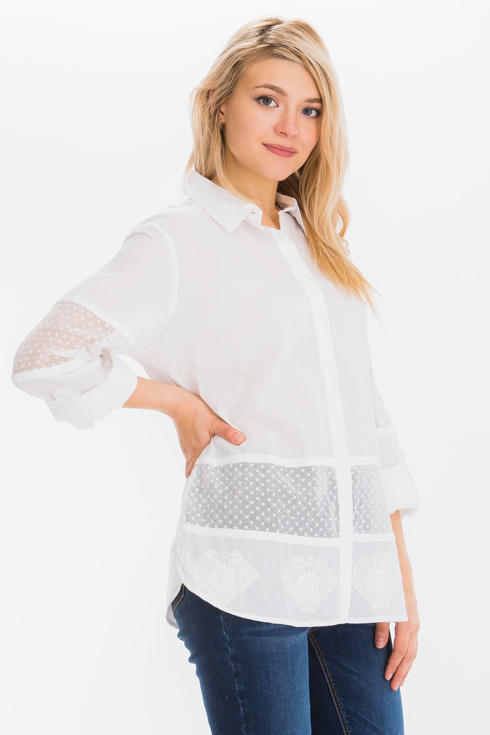 Embroidered Button-down Shirt with Mesh