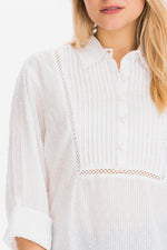 Load image into Gallery viewer, White Textured Top with Lace Inserts and Pin Tucks
