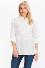 Load image into Gallery viewer, White Textured Top with Lace Inserts and Pin Tucks
