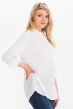 Load image into Gallery viewer, White Textured Top with Lace Inserts and Pin Tucks
