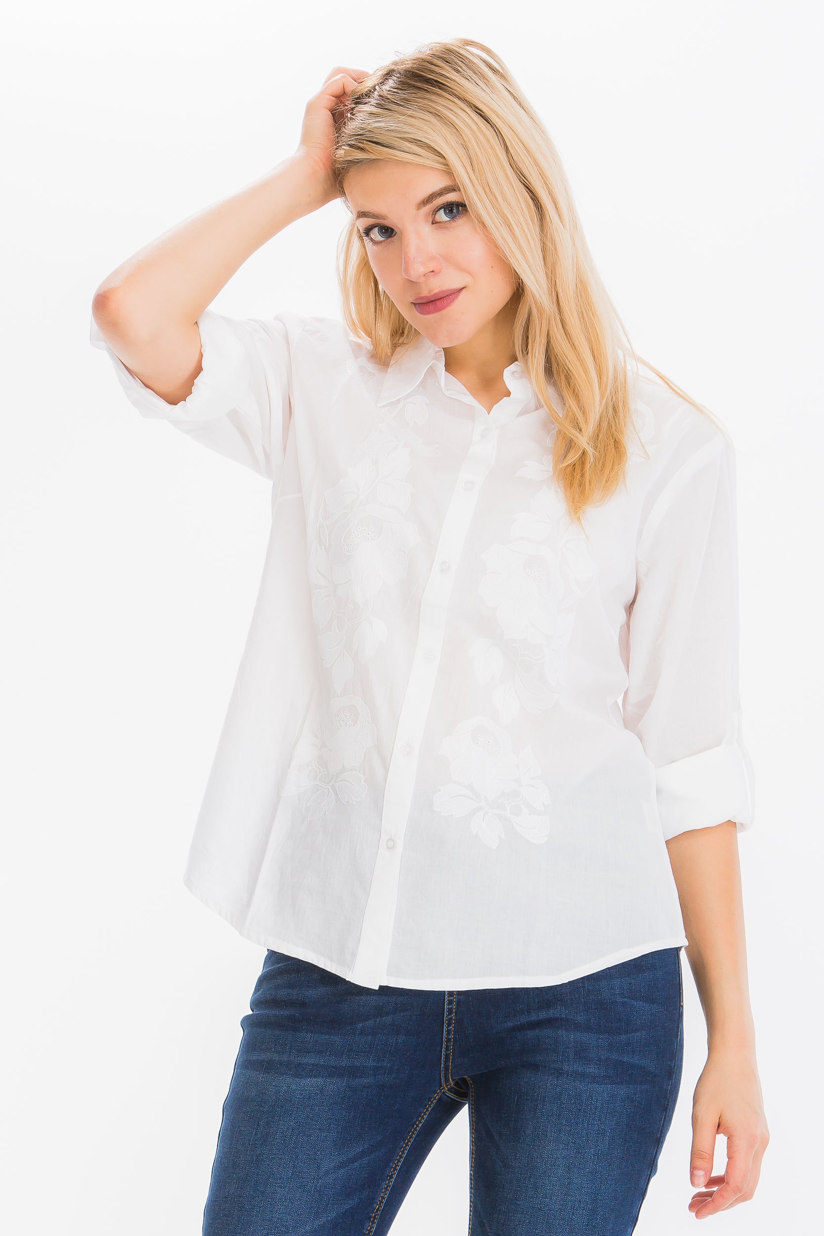 White Embroidered Button-Down Shirt