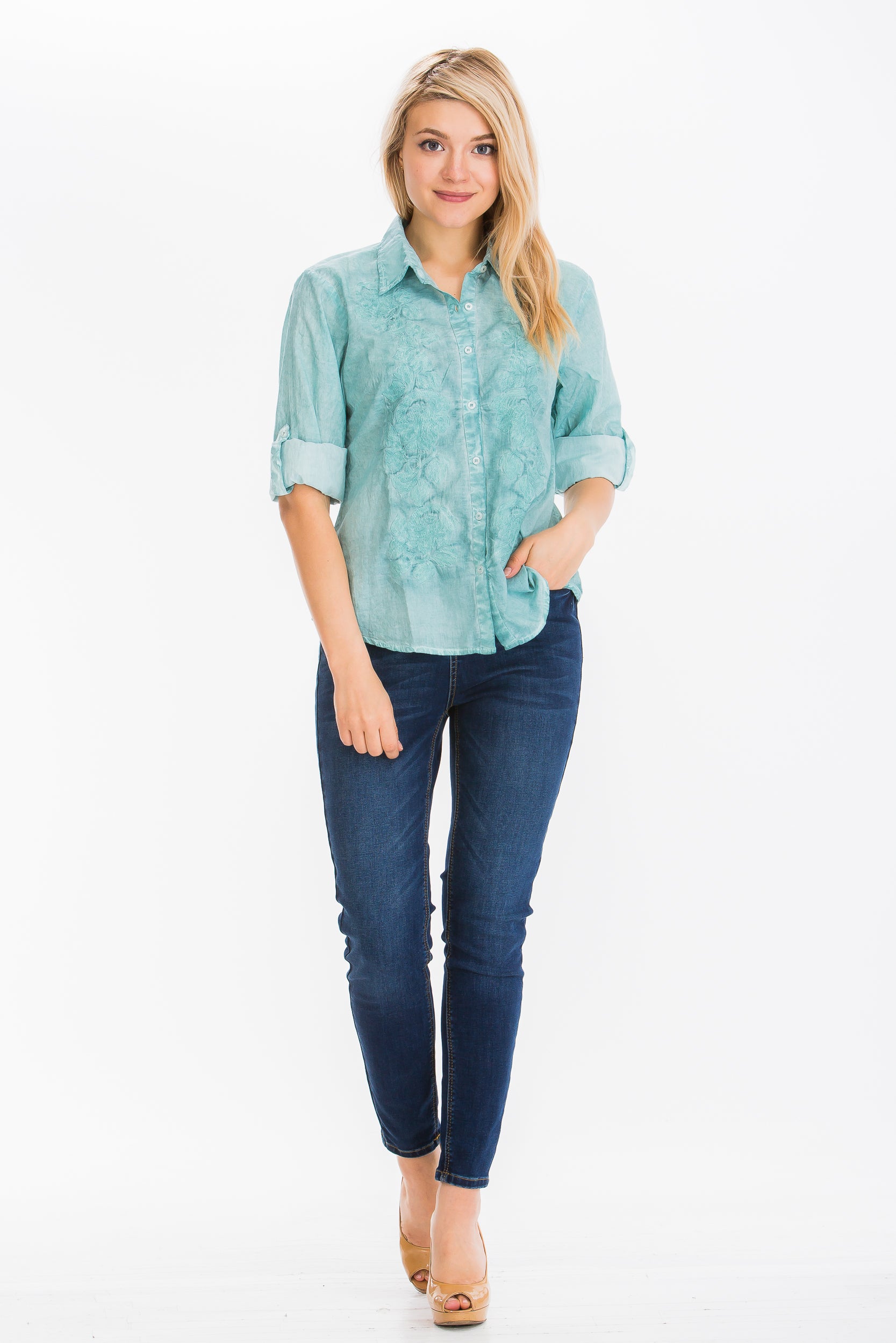 Embroidered Button-Down Shirt with Vintage Wash