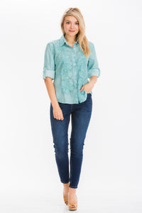 Embroidered Button-Down Shirt with Vintage Wash