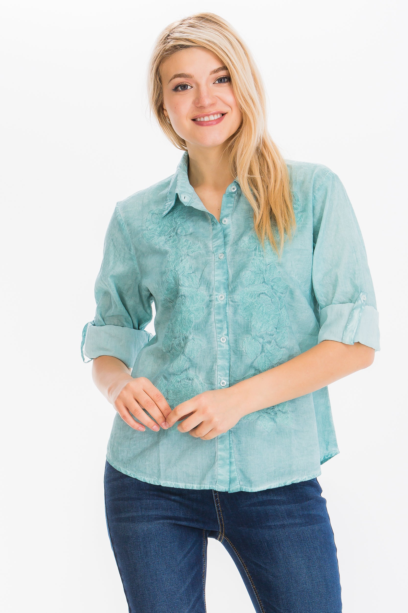 Embroidered Button-Down Shirt with Vintage Wash