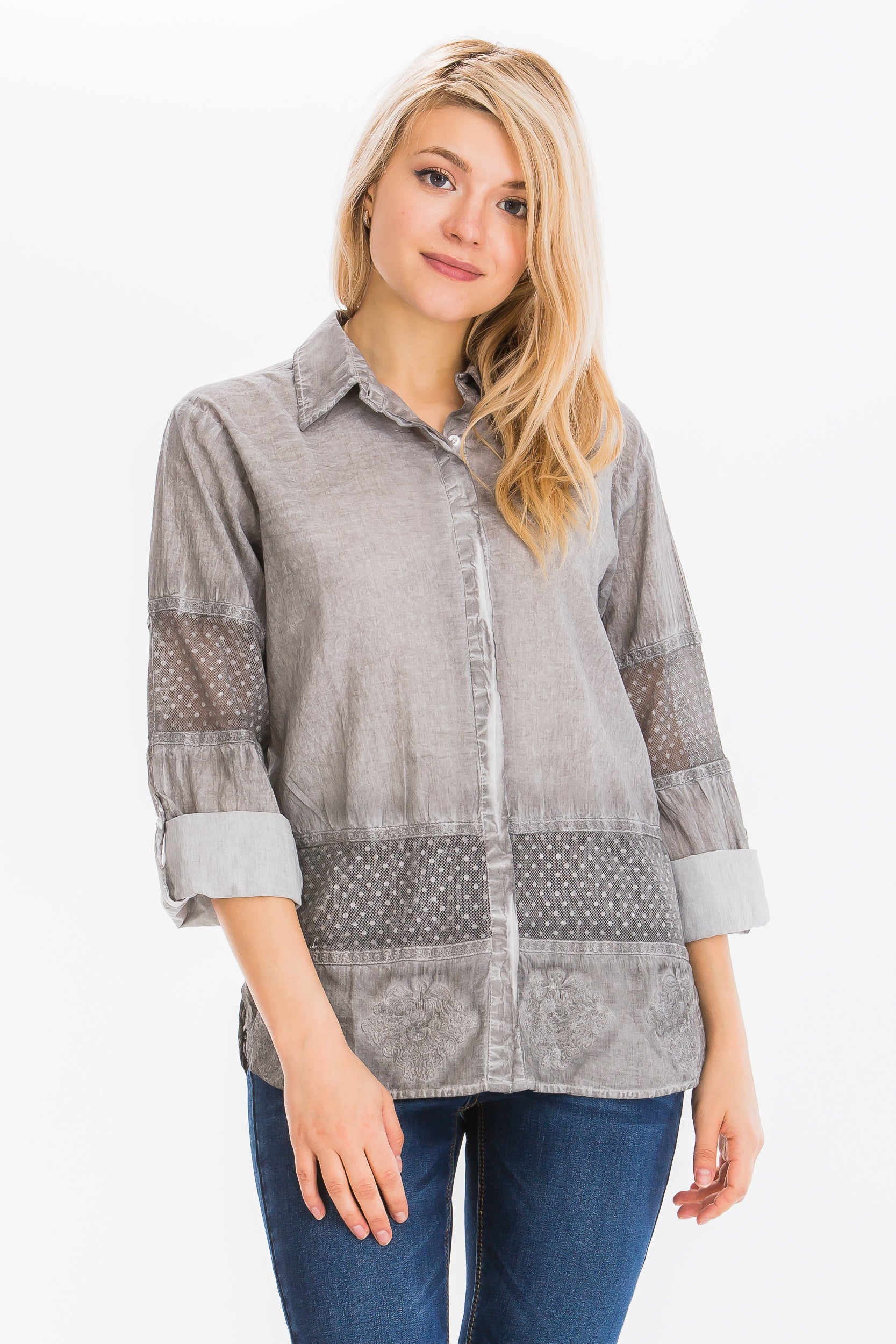 Embroidered Button-down Shirt with Mesh