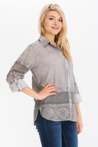 Embroidered Button-down Shirt with Mesh