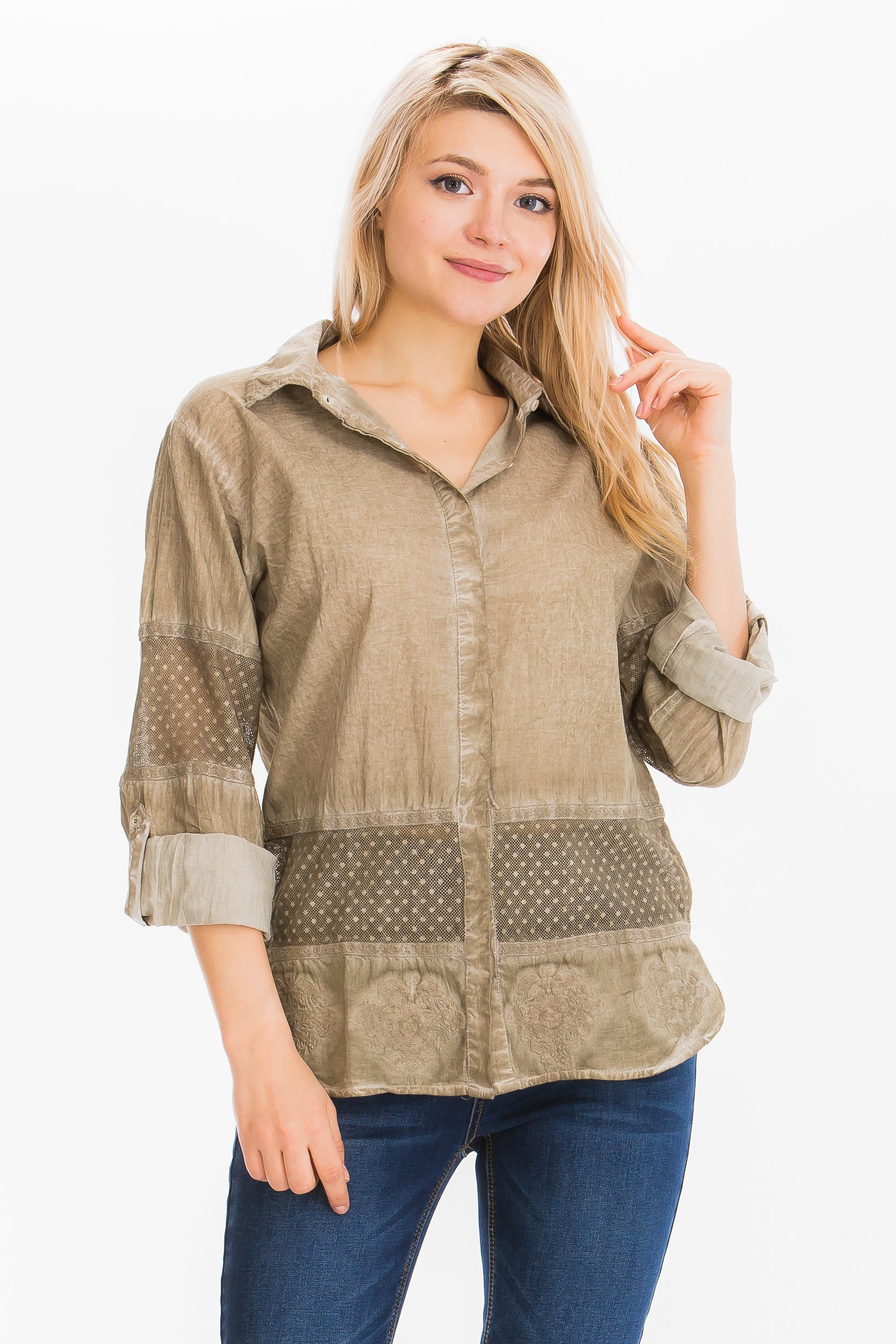 Embroidered Button-down Shirt with Mesh