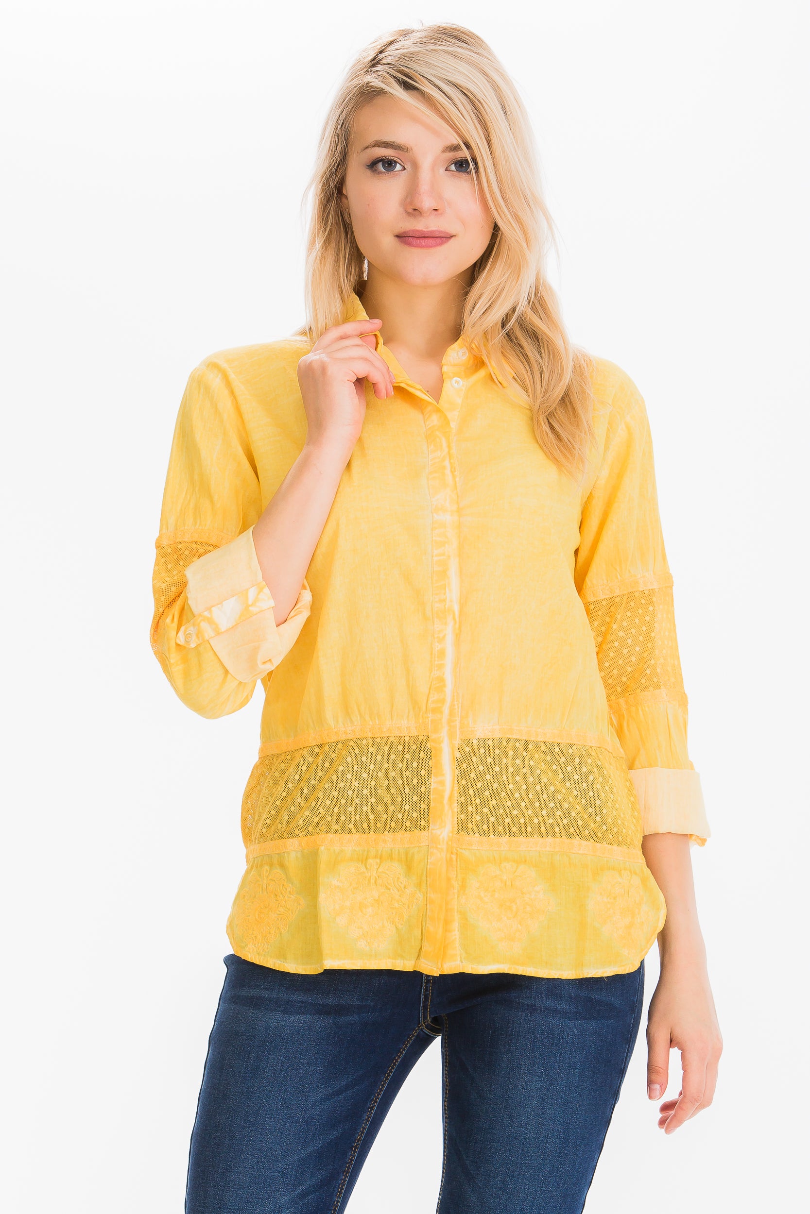 Embroidered Button-down Shirt with Mesh